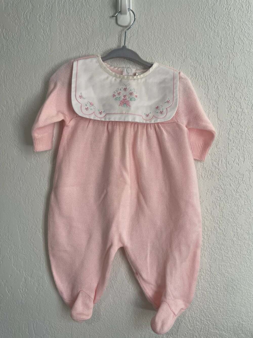 Vintage Sears Baby Girl Pink Knit Footie Romper with Floral Embroidered Collar S
